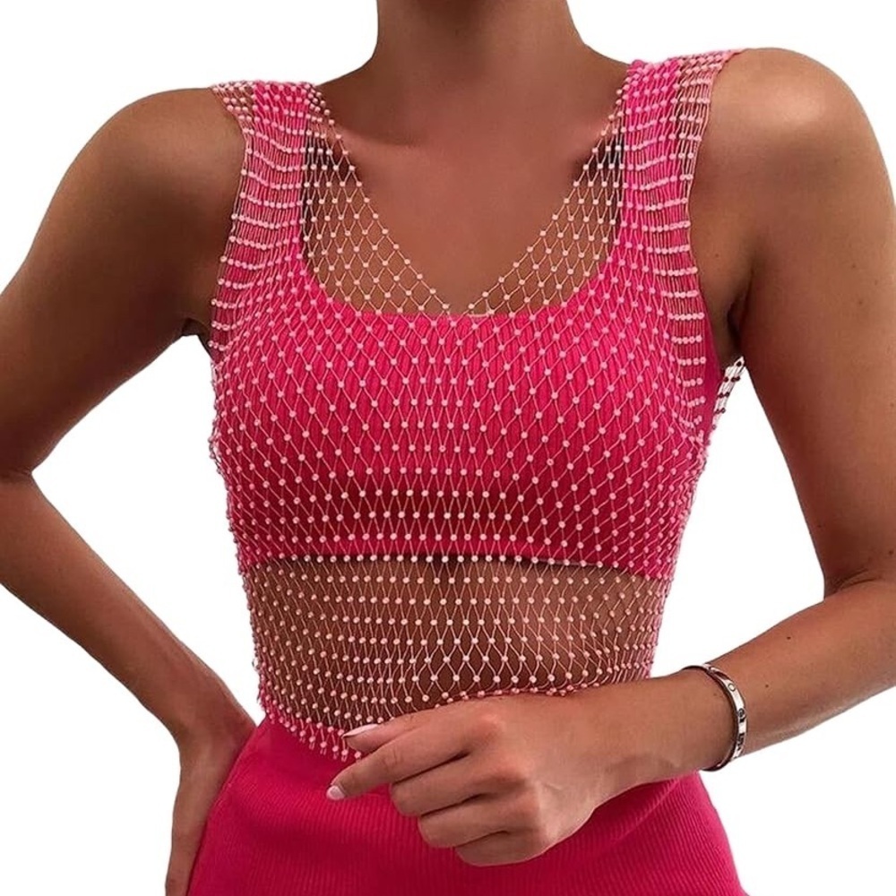 Diamond Mesh Overlay Tank Top